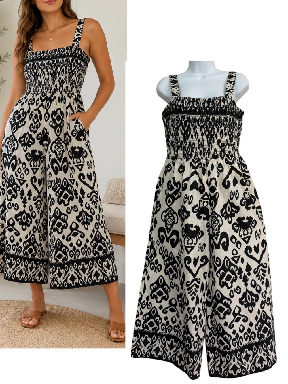 Cream Black Cotton Linen Sleeveless Wide Leg Jumpsuit Size Medium Breathable